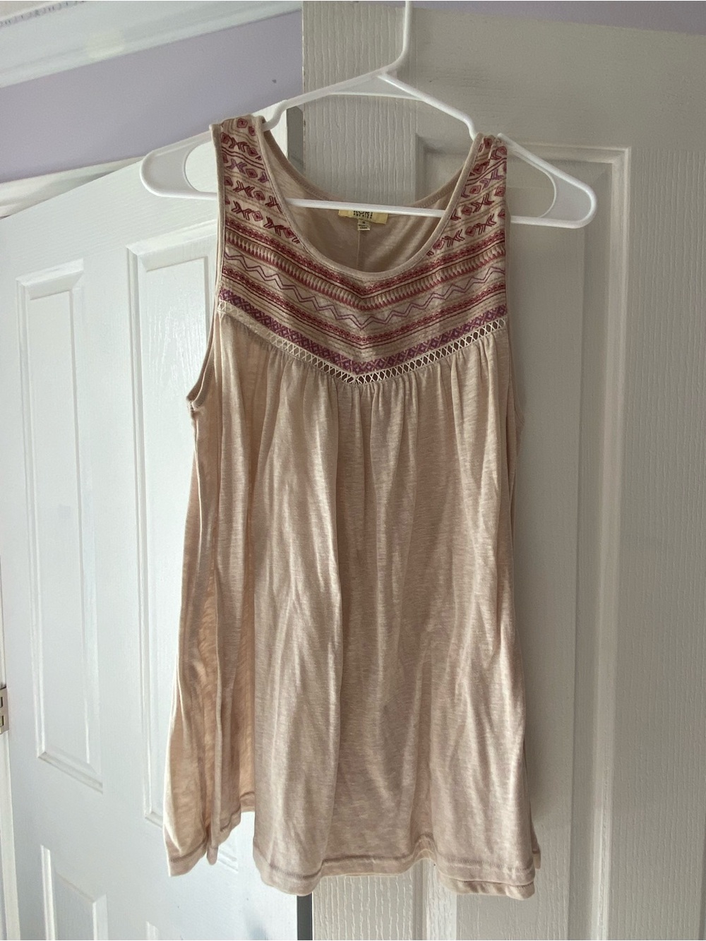 Kori Beige Tank Top with Pink Embroidery